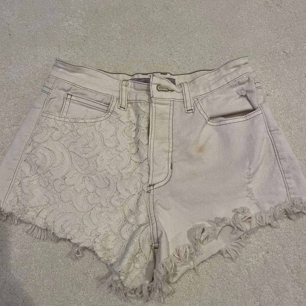 Women's Cream Lace Denim Shorts